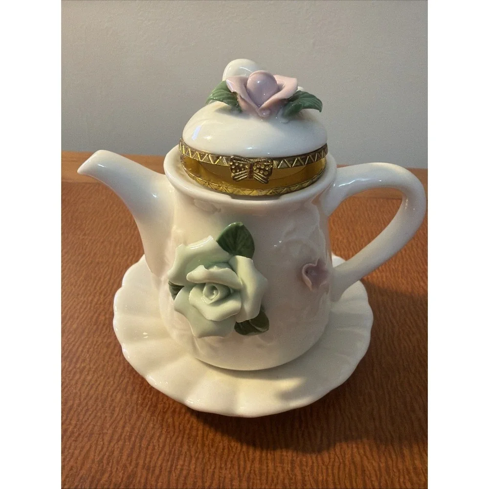 Vintage Trinket Box Teapot & Saucer Mini Roses Porcelain  4